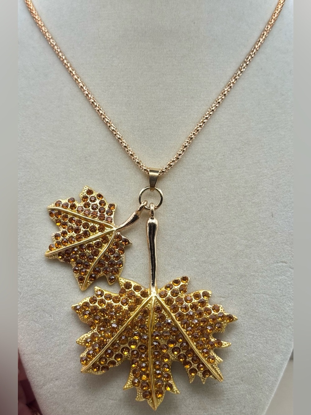 Gold Leaf Pendant Necklace with Amber Crystals